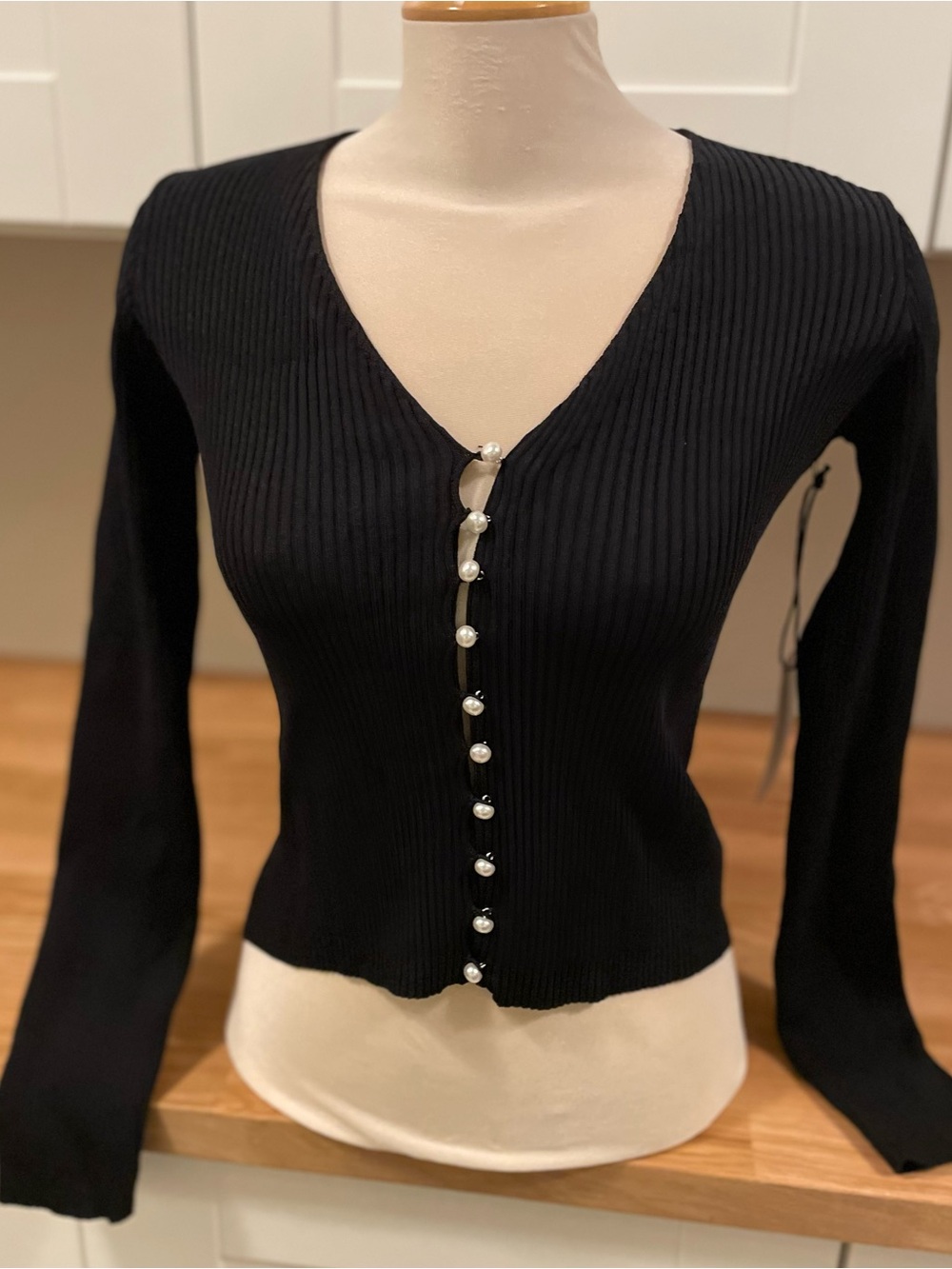 NWT line and dot Black Ribbed Faux Pearl-Button Cardigan